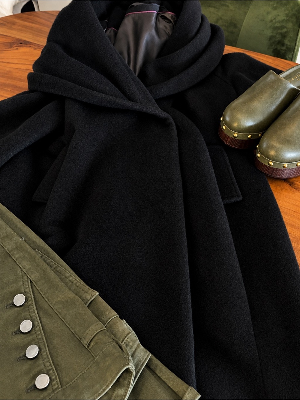 Elie Tahari black sweater coat with dramatic portrait collar